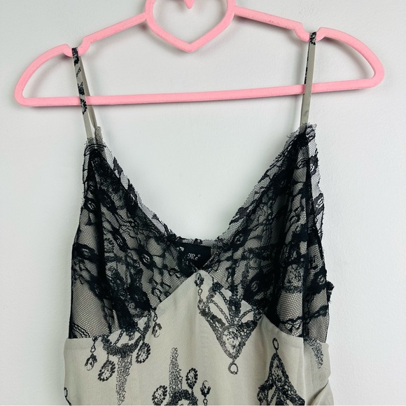 Miss Me Chandelier Print Ruched Lace Trim Slip Dress Beige Black Size Medium - Picture 2 of 12